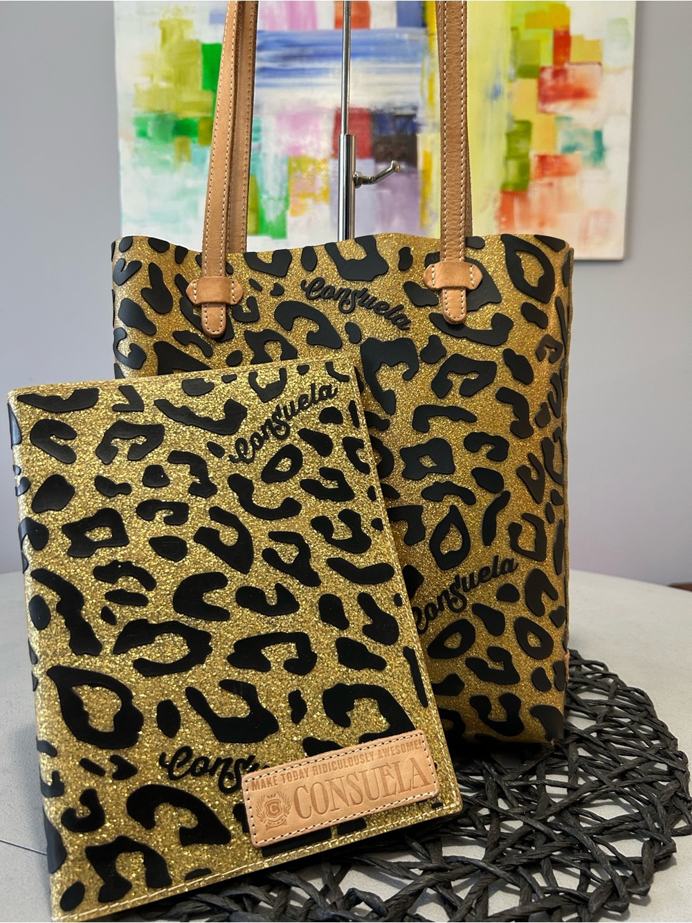 RARE- Consuela Georgia Everyday Tote & Notebook - Gold/ Black Textured Leopard